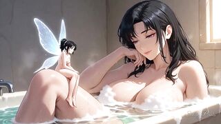 Biggest Raven-haired Gal Plays with a Tiny Fairy in Her Bubble Washroom