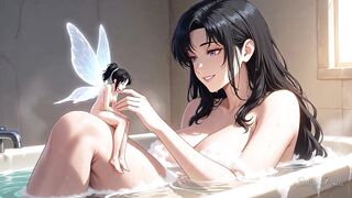 Biggest Raven-haired Gal Plays with a Tiny Fairy in Her Bubble Washroom