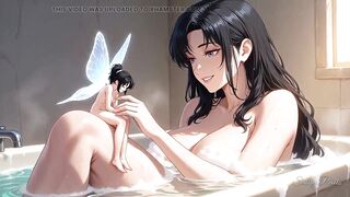Biggest Raven-haired Gal Plays with a Tiny Fairy in Her Bubble Washroom