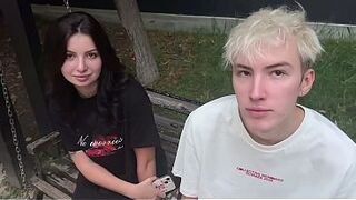 Shares his busty girlfriend with a stranger for money, double vaginal and cum on pussy