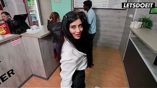 Curvy Waitress Takes two Rods in a Kitchen Spitroast 3-some