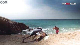 Topless Ebony Girl Gets Her Ass Stroked by two Men on the Sand
