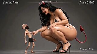 Huge She-devil Disrobes Topless for Her Tiny Bearded Guy - This man Kisses Her High Heel