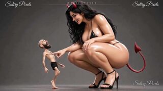 Huge She-devil Disrobes Topless for Her Tiny Bearded Guy - This man Kisses Her High Heel