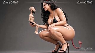 Huge She-devil Disrobes Topless for Her Tiny Bearded Guy - This man Kisses Her High Heel