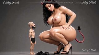 Huge She-devil Disrobes Topless for Her Tiny Bearded Guy - This man Kisses Her High Heel