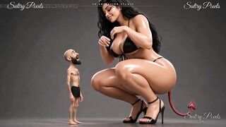 Huge She-devil Disrobes Topless for Her Tiny Bearded Guy - This man Kisses Her High Heel
