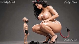 Huge She-devil Disrobes Topless for Her Tiny Bearded Guy - This man Kisses Her High Heel