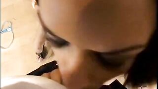 Cute honey likes it when this chick blows a hard pole indoors