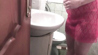 Ordinary morning of pretty sexy natural golden-haired older milf. In transparent peignoir without panties. Erotic sexsual lingerie. Fetish. In bedroom and bath. Big booty milf natural bazookas mature solo