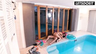Tanned Brunette Deepthroats His Ramrod, Then Drilled From Behind by the Pool