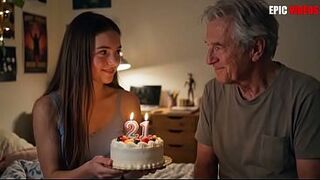 STEPDAUGHTER'S BIRTHDAY. GRANDPAPA WITH YOUNG WOMAN. RIMMING. AI GENERATED