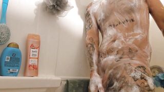 Full body shower and intense hunk masturbation
