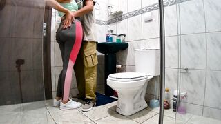 Mistresse getting intimate in the bathroom after a workout.