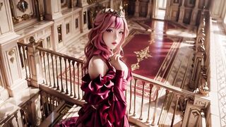 The Pink Queen's Coronation! Deep red silk, golden goblet, and a inactive gaze from the throne. Pure fantasy.