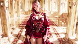 The Pink Queen's Coronation! Deep red silk, golden goblet, and a inactive gaze from the throne. Pure fantasy.