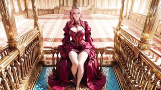 The Pink Queen's Coronation! Deep red silk, golden goblet, and a inactive gaze from the throne. Pure fantasy.