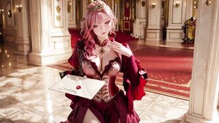 The Pink Queen's Coronation! Deep red silk, golden goblet, and a inactive gaze from the throne. Pure fantasy.