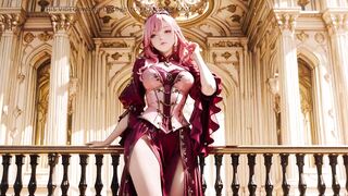 The Pink Queen's Coronation! Deep red silk, golden goblet, and a inactive gaze from the throne. Pure fantasy.
