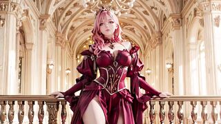 The Pink Queen's Coronation! Deep red silk, golden goblet, and a inactive gaze from the throne. Pure fantasy.