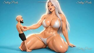 Tiny Man Pulls the Bikini String of a Kneeling Anime Giantess and Dives Into Her Belly