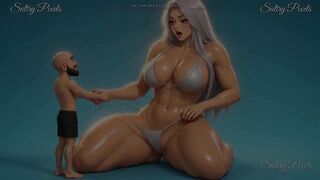 Tiny Man Pulls the Bikini String of a Kneeling Anime Giantess and Dives Into Her Belly