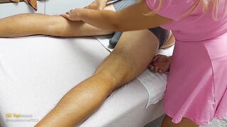 Goo flow Surprise During Massage! Golden-haired Masseuse with Big Bazookas Made Her Client Ejaculate in Underclothes