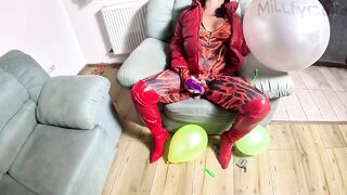 Taskmaster Red Downjacket MILF Balloon Humiliation. Failed Erection, Vibrator Riding and Popping