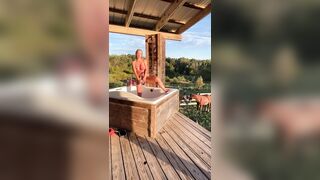 Big Boob, Bog Booty Golden-haired MILF Orgasms in Outdoor Shower