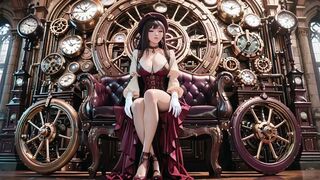 Purple Hairs in a Steam Fantasy! Surrounded by massive gears, she kneels slowly.