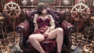 Purple Hairs in a Steam Fantasy! Surrounded by massive gears, she kneels slowly.