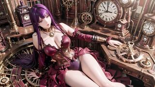 Purple Hairs in a Steam Fantasy! Surrounded by massive gears, she kneels slowly.