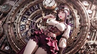 Purple Hairs in a Steam Fantasy! Surrounded by massive gears, she kneels slowly.