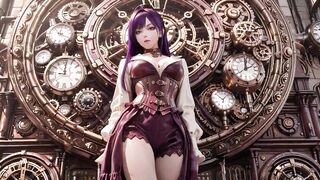 Purple Hairs in a Steam Fantasy! Surrounded by massive gears, she kneels slowly.