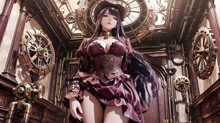Purple Hairs in a Steam Fantasy! Surrounded by massive gears, she kneels slowly.