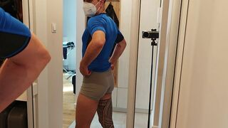 Muscle european hunk shows his muscles in lycra compression shirt