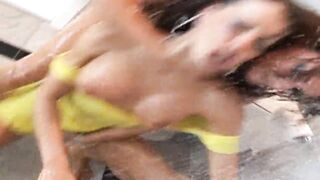 Very wet, dirty and rough anal lesbian sex in the bathroom