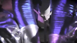 Hot babes who are dressed up in shiny costumes got tied up and forced to cum