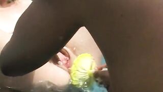 Interracial lesbian action in the pool