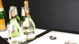 Sexy blond chick gets talked into masturbating with a friend in the bar