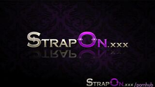 StrapOn Long purple strapon dildo squeezed into her pussy
