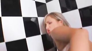 Awesome bathroom lesbian anal toy fucking