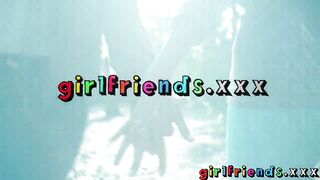 Girlfriends Gorgeous girls share big black toy