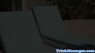 Busty redhead masseuse scissoring lesbian gal