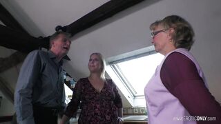 Grandma & Grandpa seduce their cleaning lady and eagerly lick their cunt clean