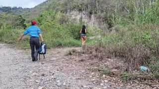 Perverted old man fucks his busty stepdaughter in the jungle outdoors