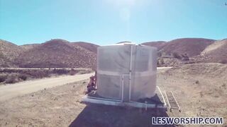 Lesbian teen Jayme Langford pussy licking in the desert