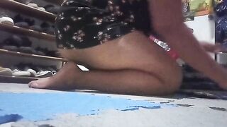Mom cleaning the room and her thong is visible