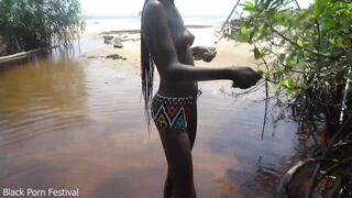 Hot skinny African village not even surprised to get fuck unexpectedly while she was bathing outdoor in the forrest