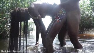 Hot skinny African village not even surprised to get fuck unexpectedly while she was bathing outdoor in the forrest